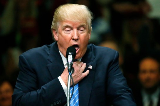 Republican U.S. presidential candidate Donald Trump refers to former Republican presidential nominee Mitt Romney, who lost the 2012 presidential election, as a "choker" at a rally with supporters in Anaheim, California, U.S., May 25, 2016. REUTERS/Jonathan Ernst - RTSFXMO